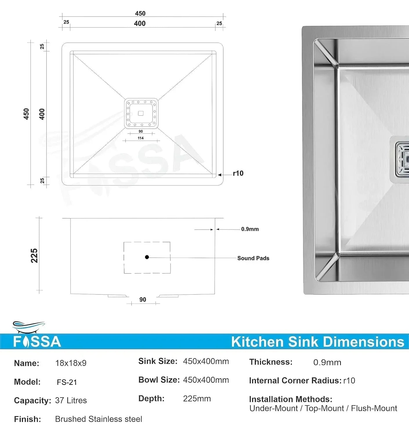 Premium Handmade  (18 x 18 x 9) Inch Stainless Steel Single Bowl Silver  Kitchen Sink