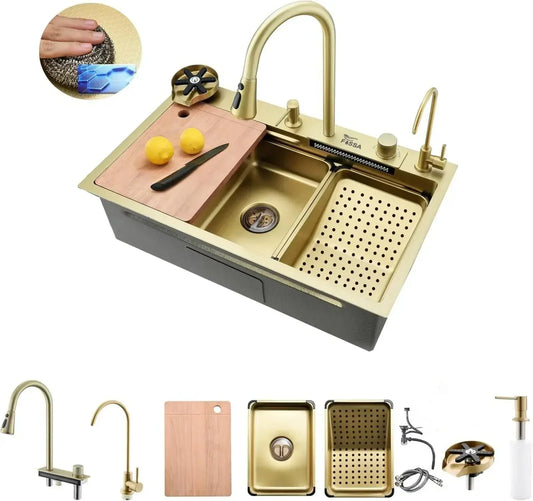 Smart Waterfall (30 x 18 x 10 ) Inch Premium Stainless Steel Kitchen Sink Gold