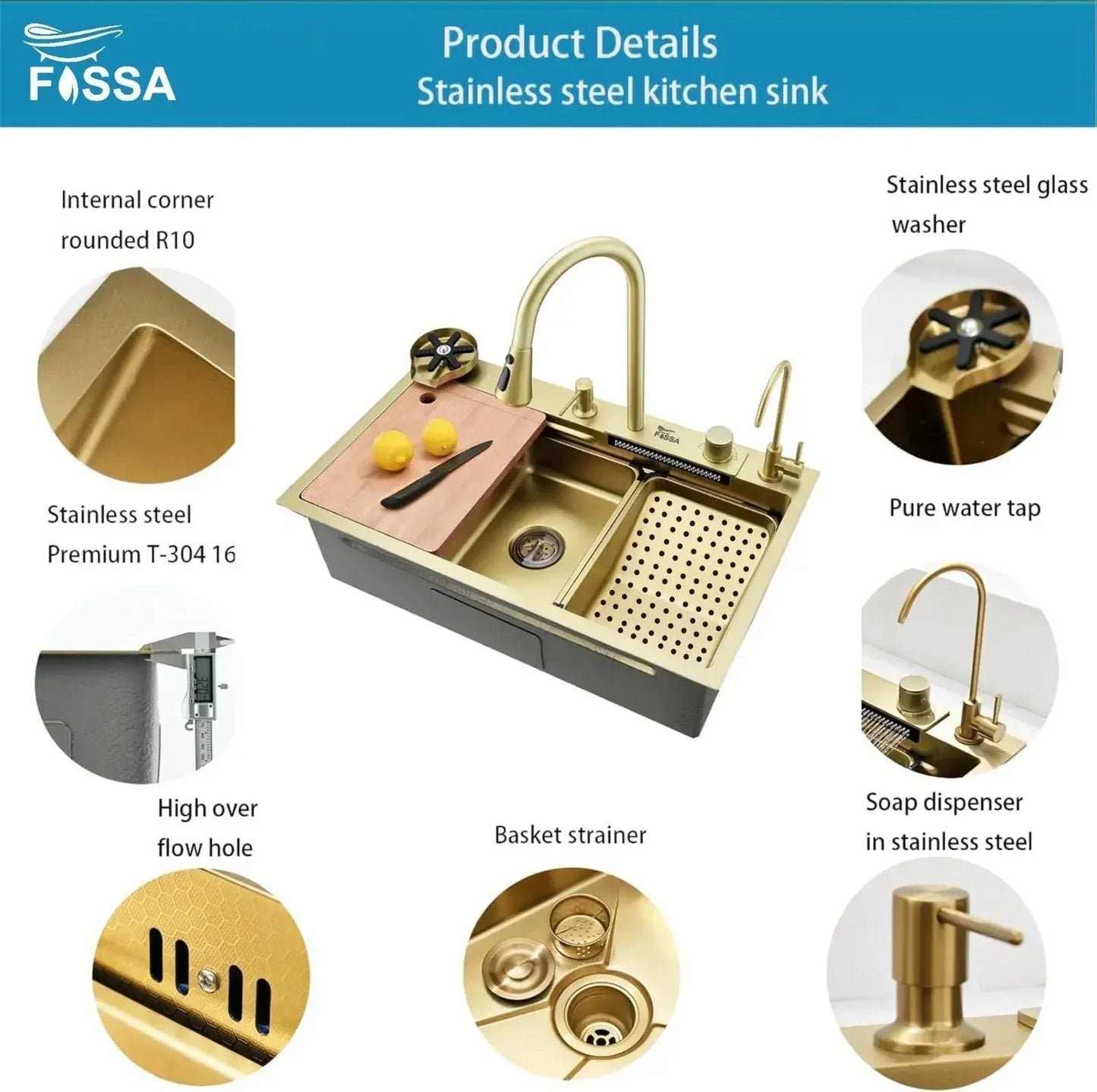 Smart Waterfall (30 x 18 x 10 ) Inch Premium Stainless Steel Kitchen Sink Gold